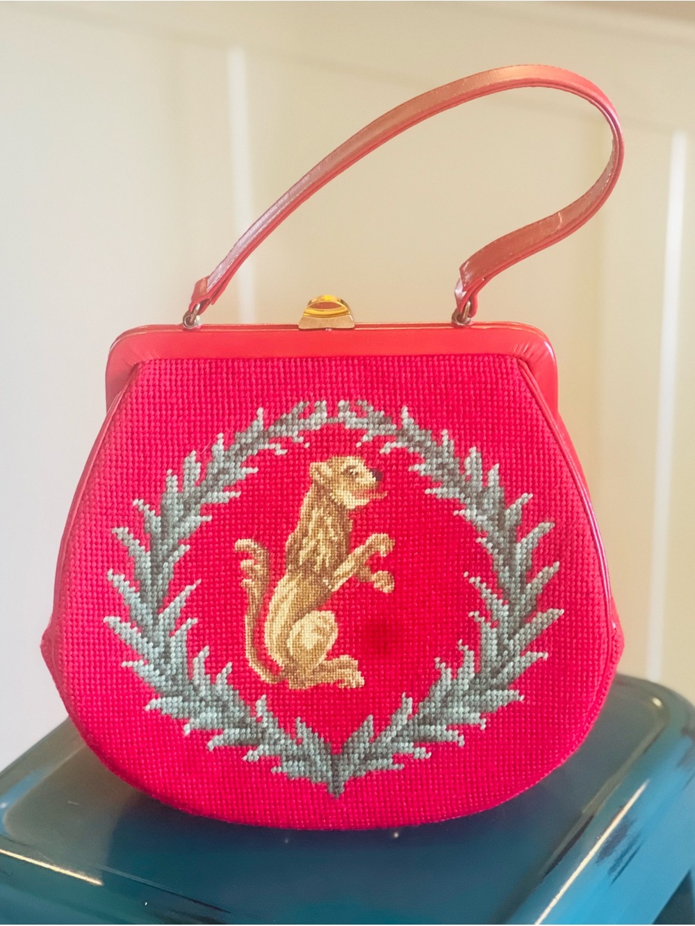 Vintage Red Needlepoint Bag with Lion & Laurel Crest